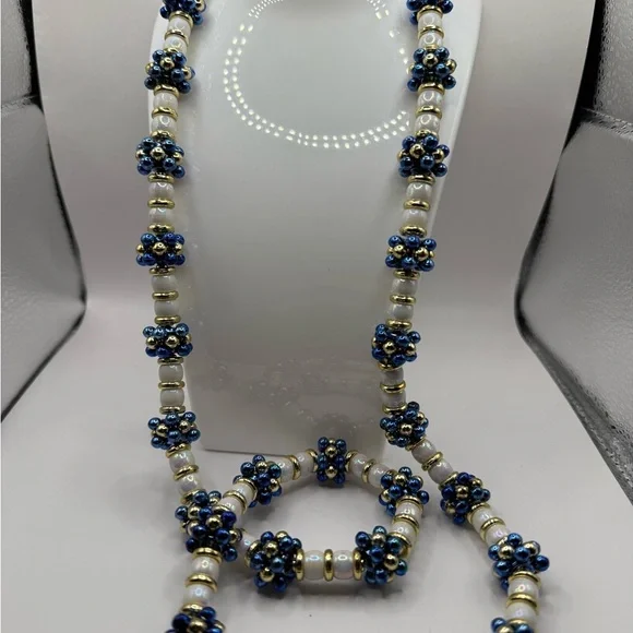 Beaded White Blue Gold Necklace Approximately 20 plus inches long Beautiful Look - Picture 6 of 6